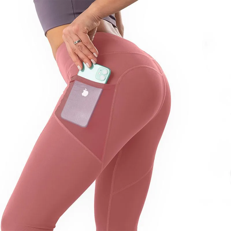 Women Soild Fitness Leggings High Waist Yoga Pants Hips Tight with Pockets Peach Buttocks Nude Sport Panties Plus Size 3XL