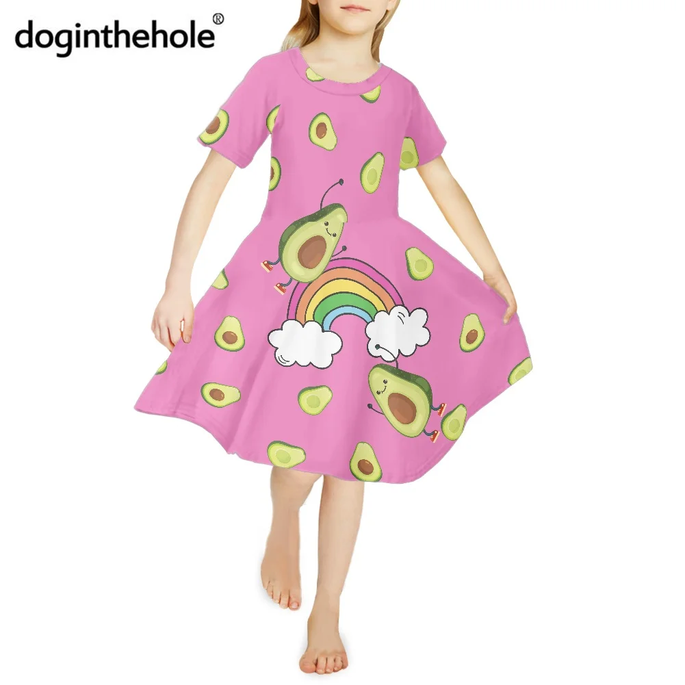 

Летнее платье Doginthehole для девочек, с рисунком авокадо, с коротким рукавом, Детская школьная одежда для подростков 4-14 лет