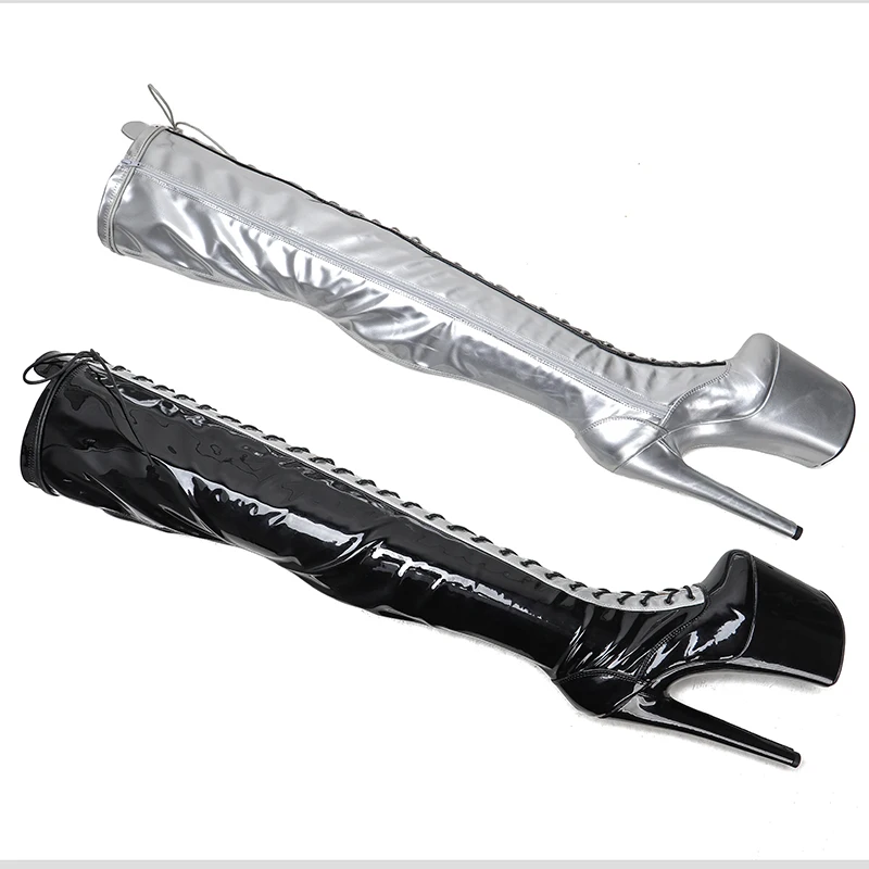 Leecabe  20CM/8Inch PU Upper black with silver  Exotic Sexy Fashion Trend Platform disco party High Heels Shoes Pole Dance boot