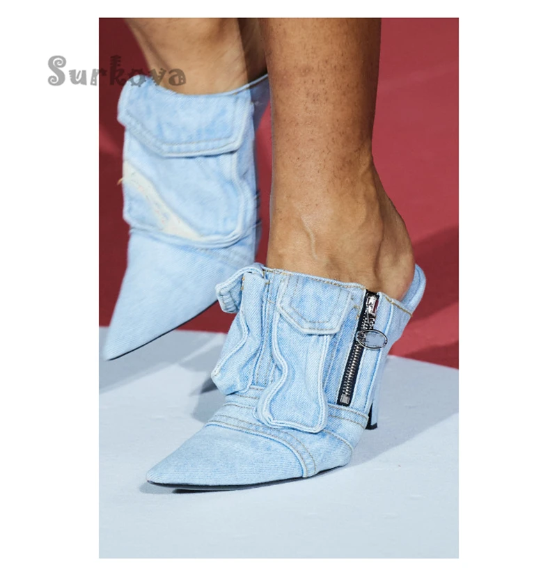 Pointed Toe Denim Slippers Zipper Metal Decoration Sexy High Heel Banquet Party Pumps Elegant Thin Heels Slip-On Wedding Shoes