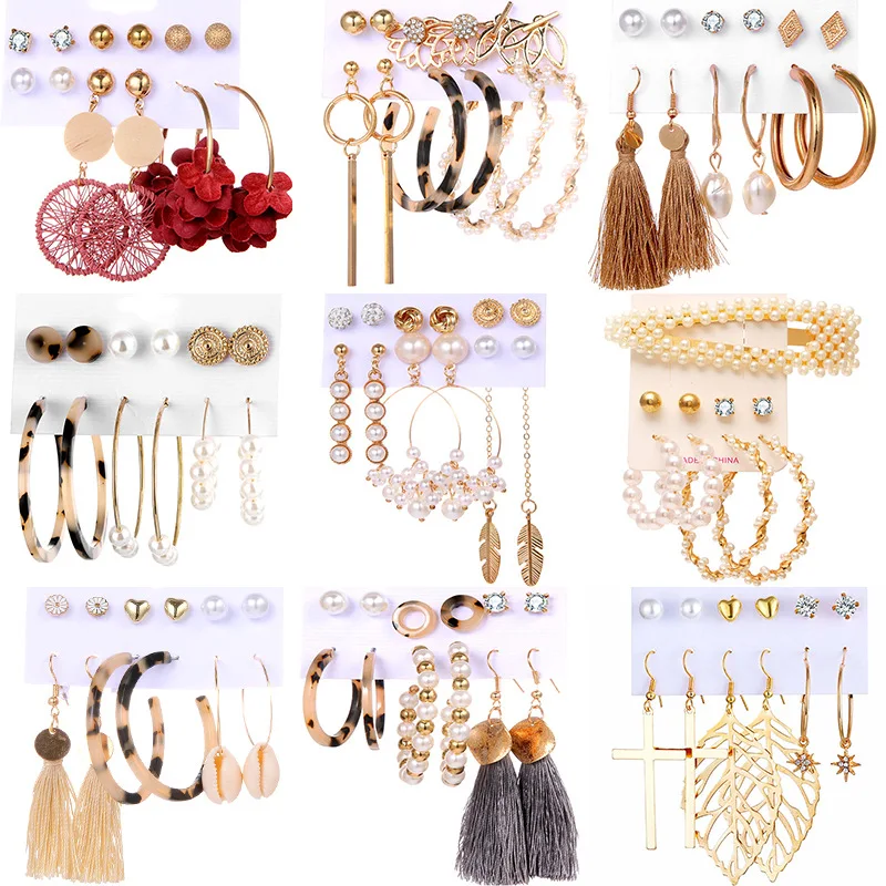 

YL Jewerly Vintage Acrylic Pearl Earring Set for Woman Bohemian Flower Geometric Leopard Tassel Drop Earrings 2021 NEW Fashion