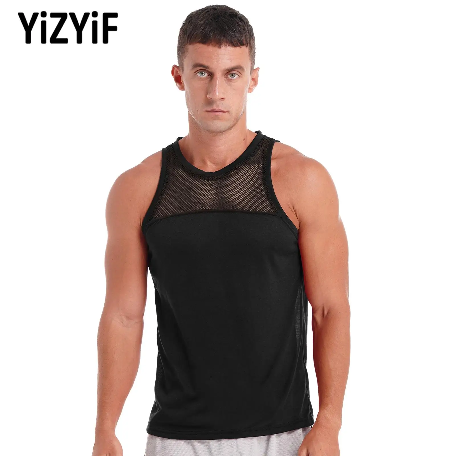 

Mens Sleeveless Running Vest Tank Top Hollow Out Mesh Patchwork Tops Solid Color Breathable Casual Fitness Body-building T-Shirt