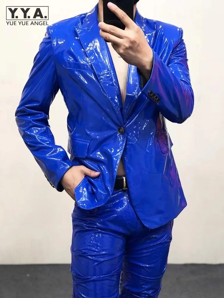 

Mens Night Clubwear Mirror Reflective Bright Pu Leather Coat Slim Fit Stage Show Blazer Jacket Colors Leather Suit Plus Size 6XL