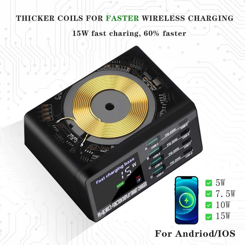 8 port lcd quick charge usb charger wireless charger usb c pd fast charger for iphone 13 12 pro macbook air samsung s20 xiaomi free global shipping