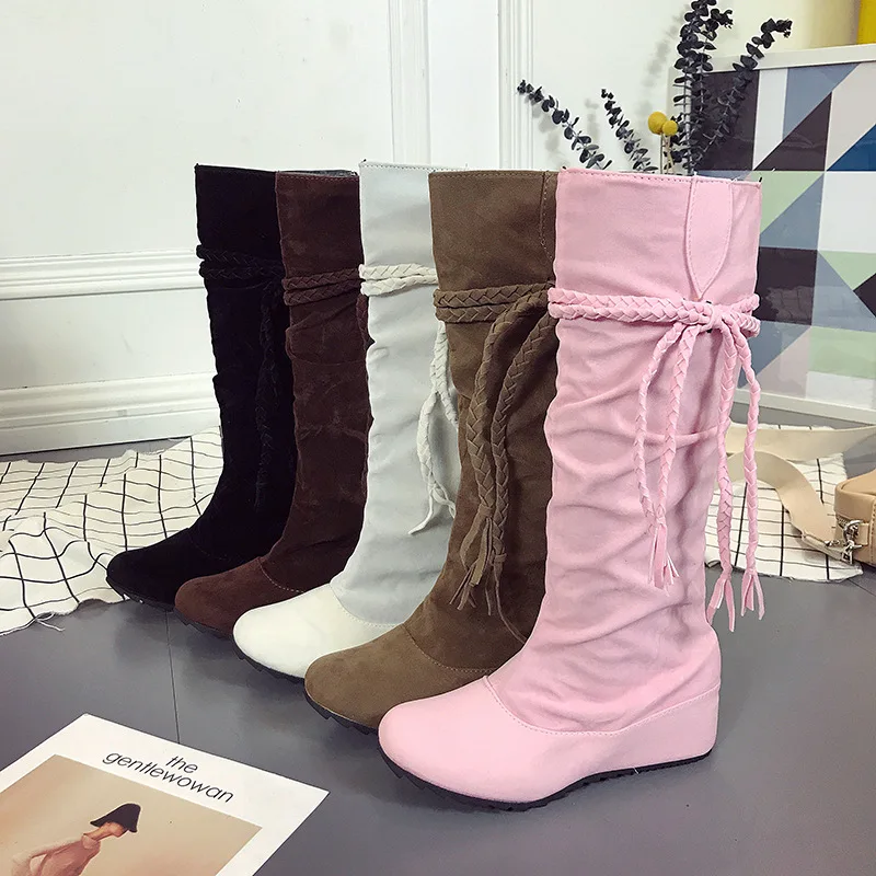 

Women Boots Flat Shoes PU Solid Color Round Slope Heel Thickened Low High Tube Keep Warm Non Slip Waterproof