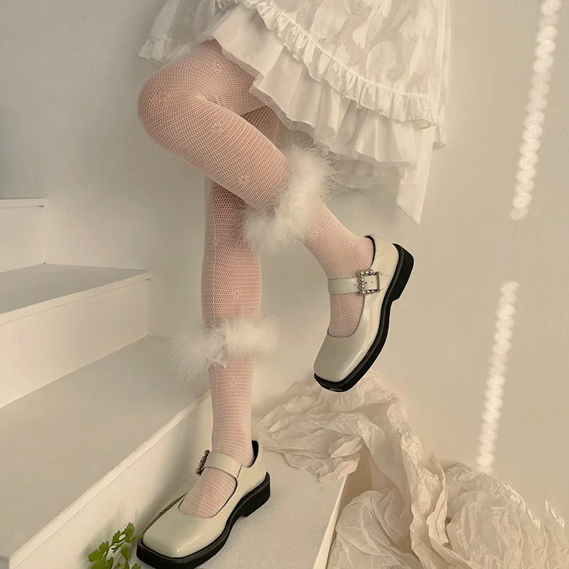 

Feather lace fishing net bow hollow bottomed pantyhose sexy hot girl silk stockings pantyhose
