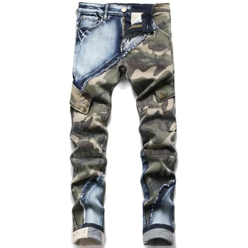 Autumn Winter New Men Stretch Camouflage Stitching Slim Jeans Motorcycle Fashion Street Denim Pants Trousers Male w298