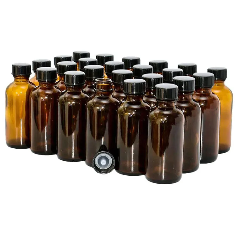 24pcs 2oz Amber Boston Bottles Black Cone Cap Refillable Brown Boston,Dispensing Bottles for Homemade Vanilla Extract, Essential