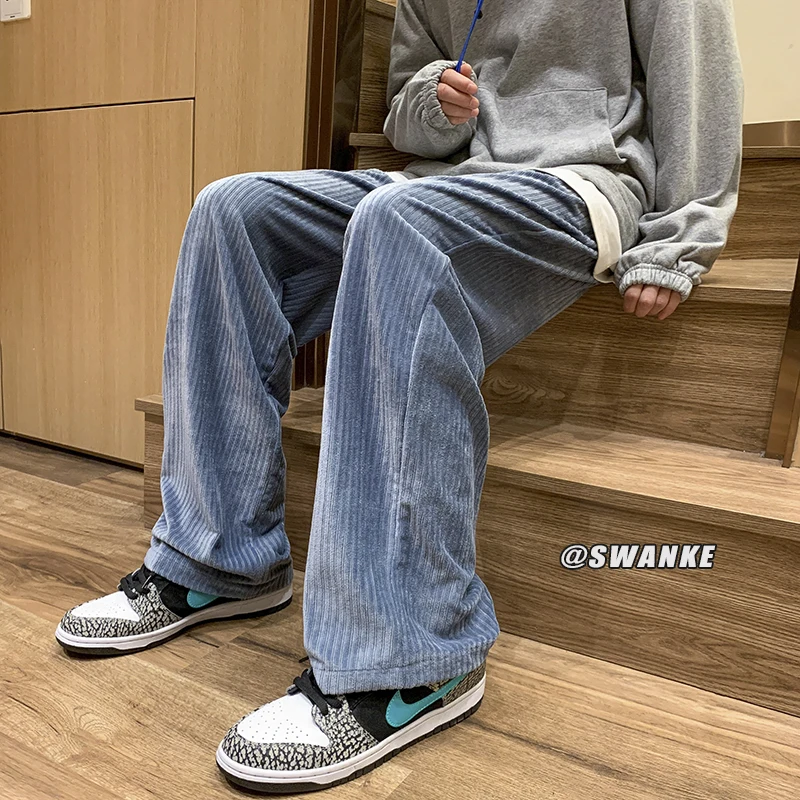 

2022 New Velvet Mens Pants Solid Color Loose Straight Wide Leg Pants Fashion Harajuku Male Casual Trousers Korean Streetwear