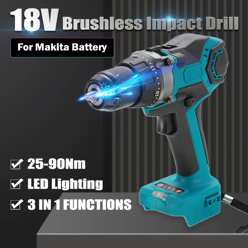 

18V Electric Brushless Impact Drill 25-90Nm Cordless Screwdriver 13mm Hammer Drill With LED Light Rechargable For Makita Battery