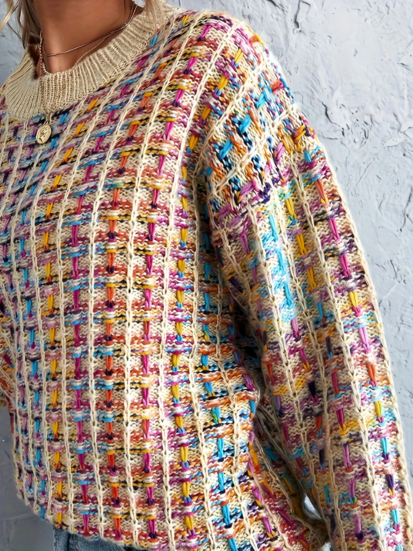 Красочный вязаный свитер повседневный с круглым вырезом и длинными рукавами