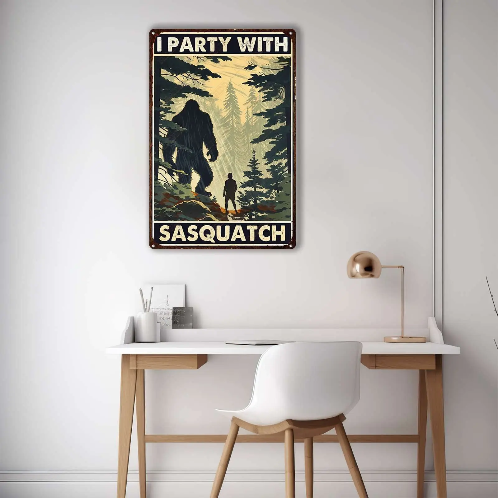 FLFGIDD Ретро жестяной знак кемпинг и Бигфут I вечерние с Sasquatch металлический Man
