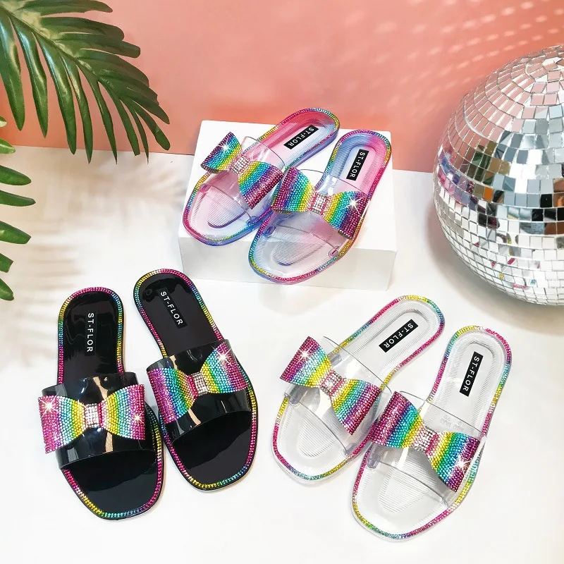 

2022 European and American women's fashion rhinestone color bow flat sandals and slippers 3172