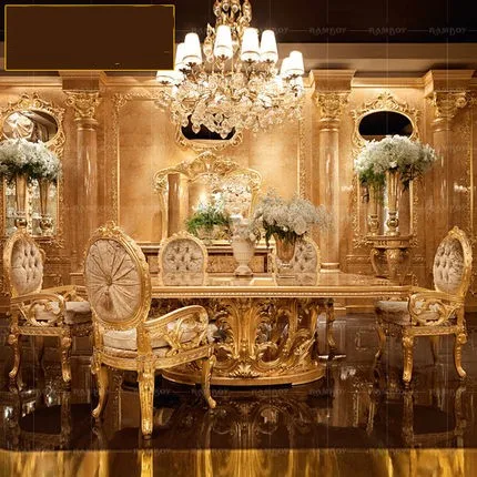 

Роскошный Европейский резной обеденный стул из цельной древесины во французском стиле, кресло-книжка для виллы, ресторана из золотой фольги и ткани