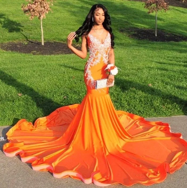 

Orange African American Prom Dresses Mermaid V-neck Appliques Black Girls Nigeria Robe De Soiree Evening Dress Gown