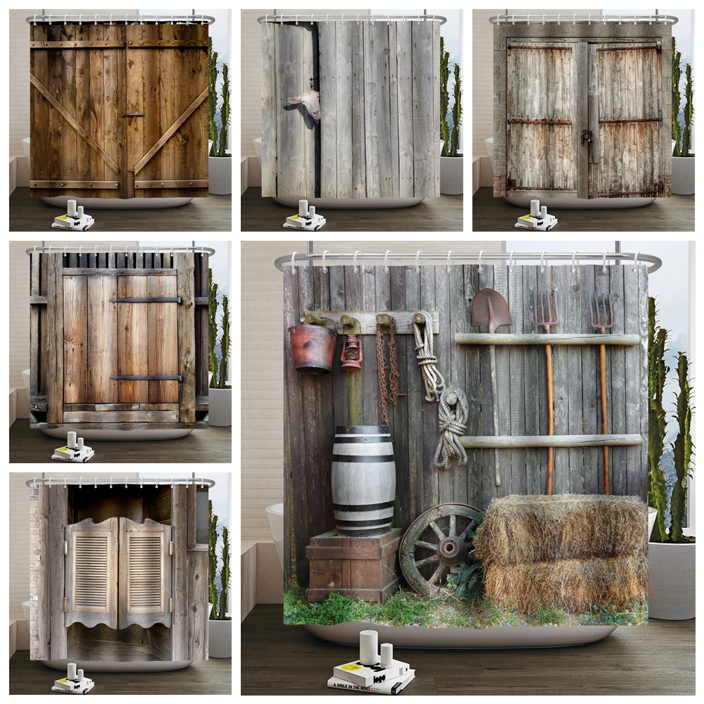 

Retro Rustic Wood Doors Shower Curtain Vintage Farm Barn Old Wooden Door Pattern Home Decor Waterproof Fabric Bathroom Curtain