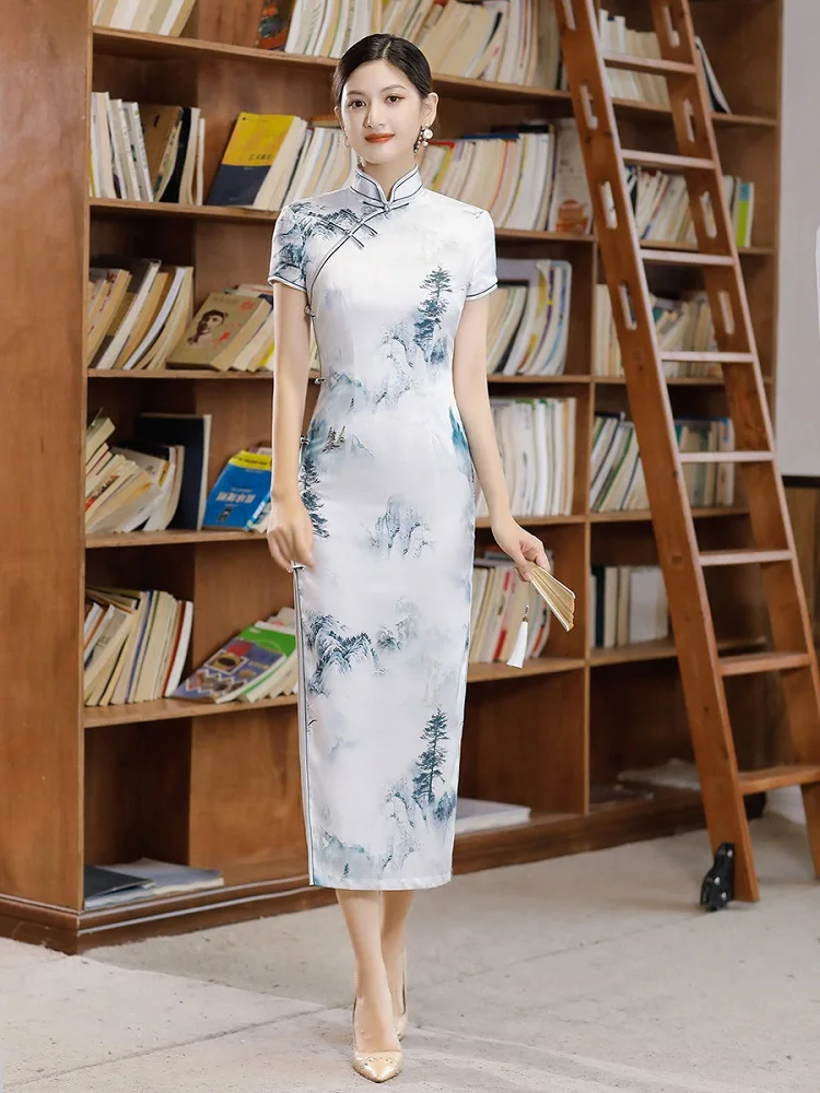 

Chinese Traditional Silk Qipao Dress with Lining Women Summer Long Cheongsam 2022 New In Lady Evening Party Gown Double Layer