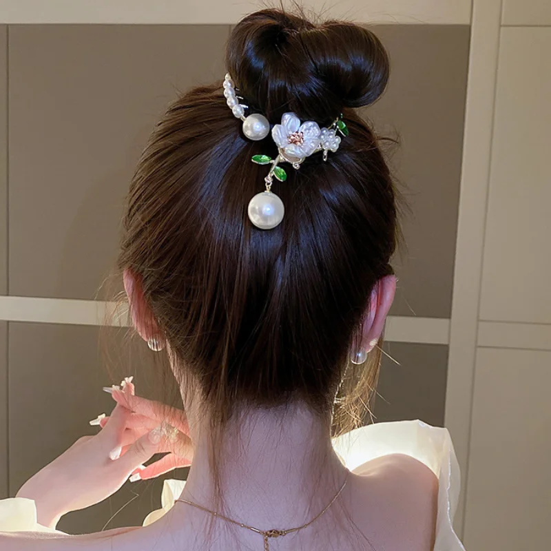 

Elegent Retro Rose Pearl Tassel Back Hair Clip for Girls Women Chinese Ponytail Hair Bow Back Head Decorative Hair Accessories