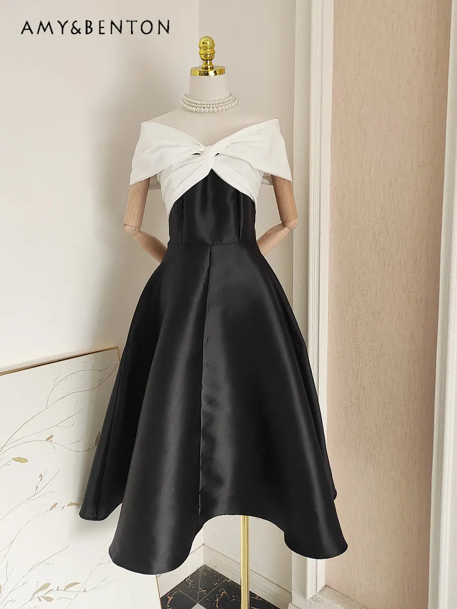 French Minority Design Sense Hepburn Style Cross Off-Shoulder Off-Shoulder Collar Color Contrast Patchwork Tuxedo Dress