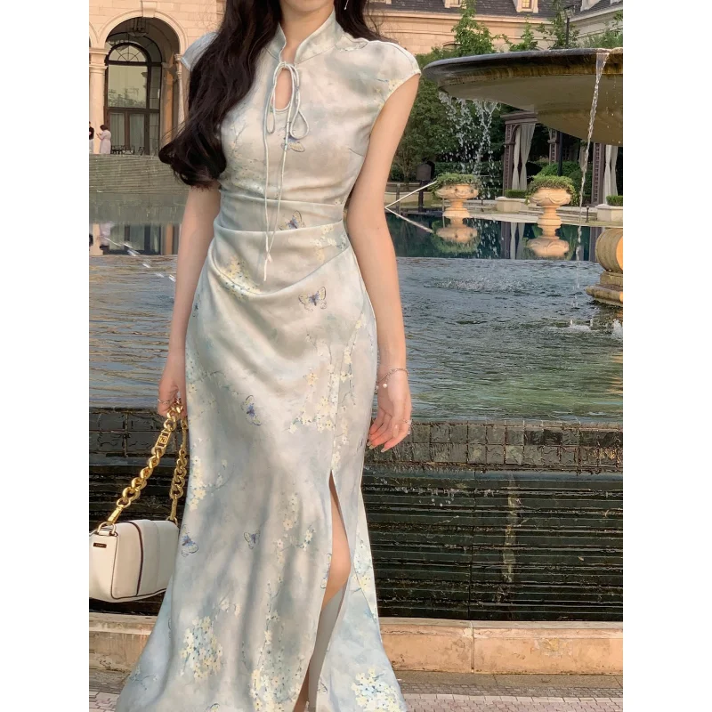 

Китайское платье в стиле ретро, улучшенное платье чонсам, женская одежда, Qipao Chi-pao, Летнее Длинное Платье с разрезом и юбкой в ягодицах
