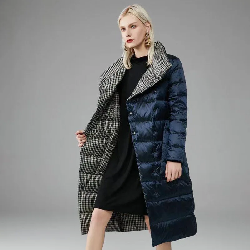 Women New Reversible Down Jacket Korean Version Slim Fashion Plaid Autumn Winter Long White Goose Down Warm Coat