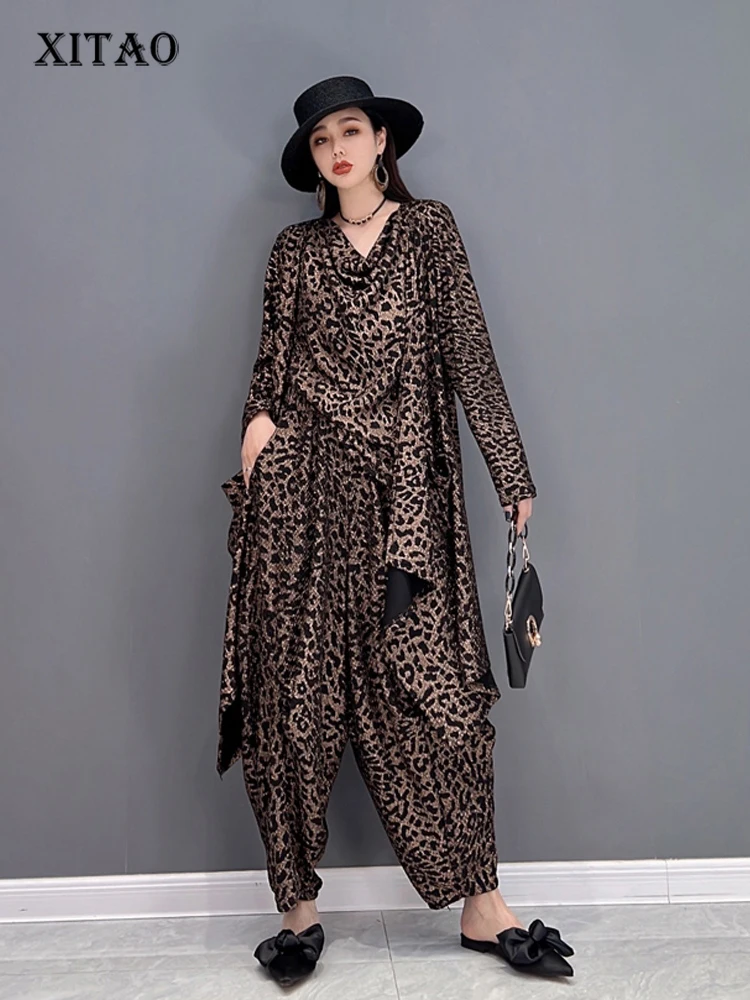 

XITAO Leopard Two Piece Set Women Full Sleeve Goddess Fan Pullover Top Elastic Waist Full Length Pants Pleated Style WLD6853