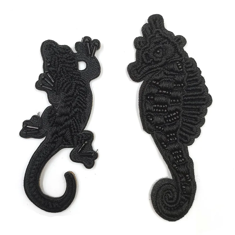 

10pcs/lot Luxury Vintage Bead Embroidery Patch Black Seahorse Reptile Gecko Clothing Decoration Iron Heat Transfer Applique