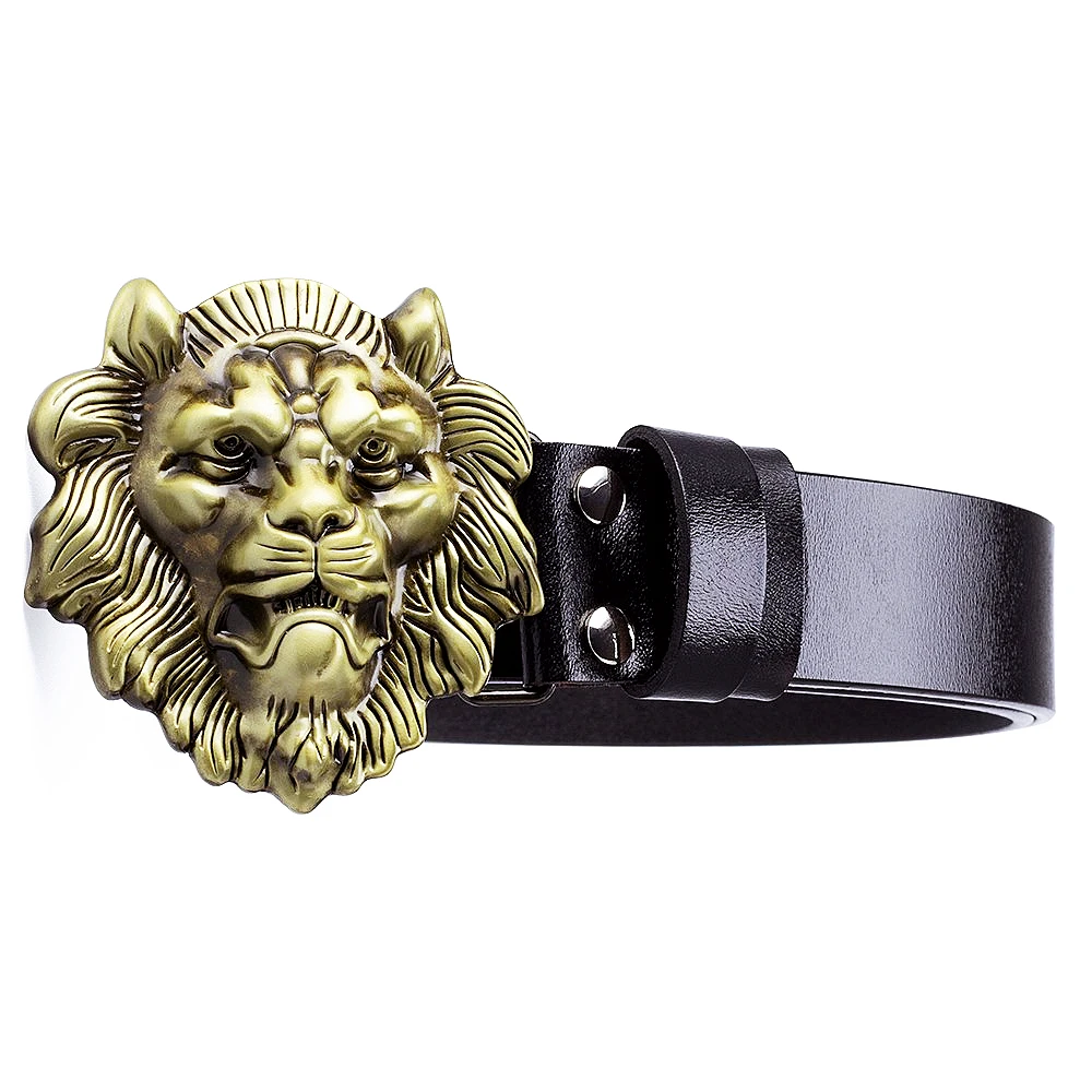 Fashion Men Belt Big Lion's Head Golden Buckle Cowskin Leaether Male Lion Pattern Casual Pants Belts