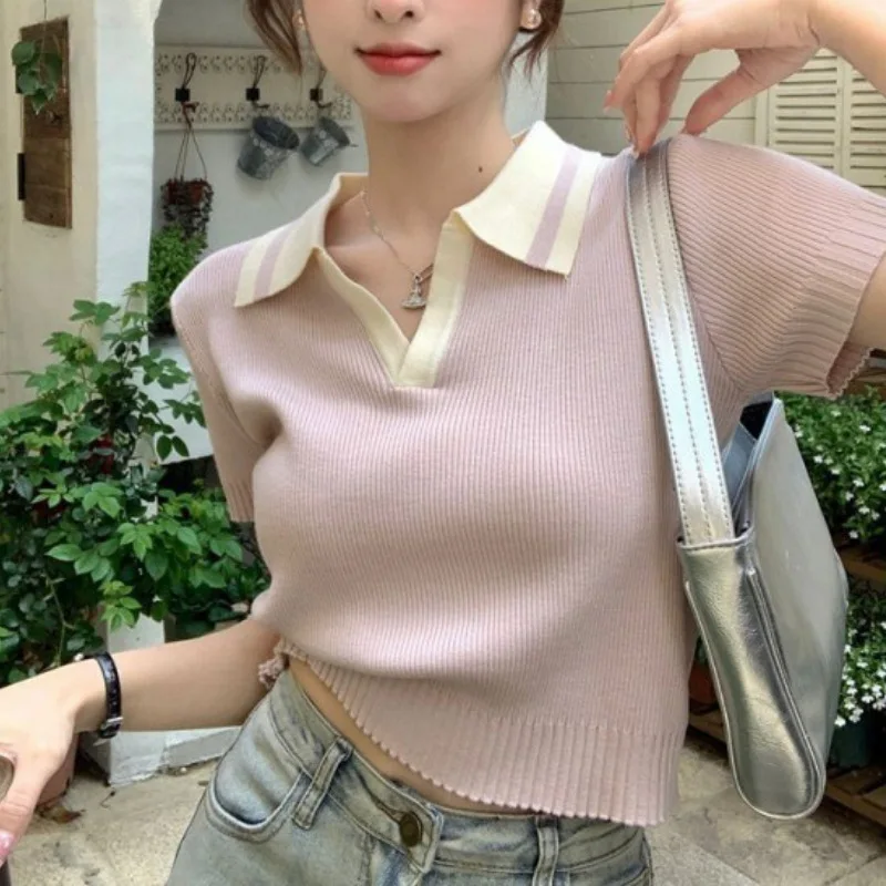 Женская летняя вязаная футболка из вискозы футболки с отложным воротником и