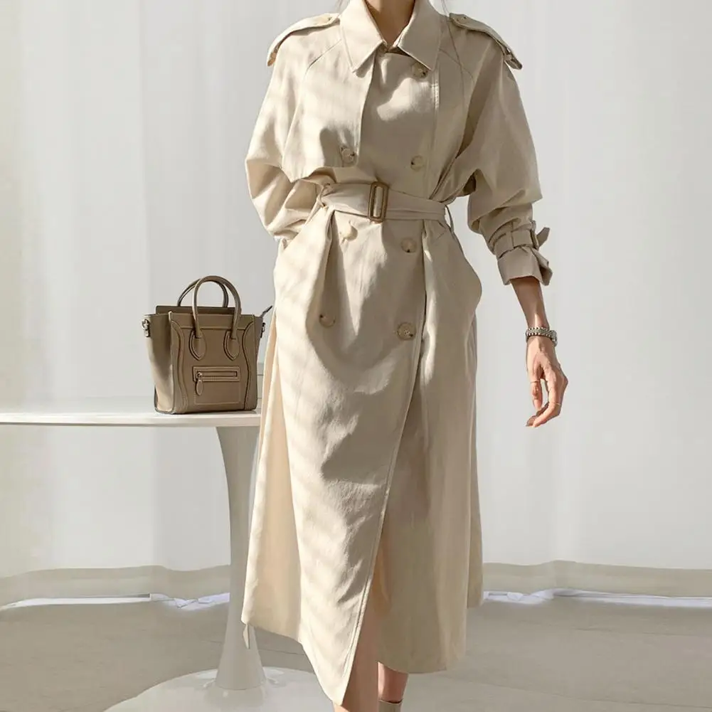 

Женский двубортный Тренч с поясом, однотонная теплая ветровка для работы с отложным воротником и длинными рукавами, Осень-зима