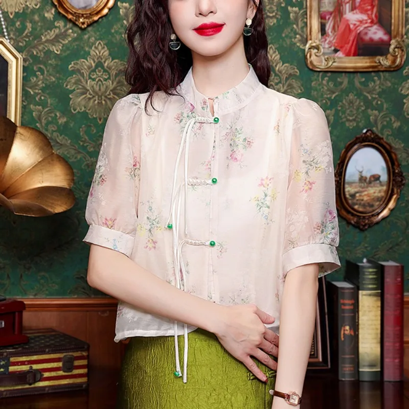 New Chinese Floral Shirts Women Summer 2024 National Sle Buckle Retro Loose Slimming Temperament Short Top