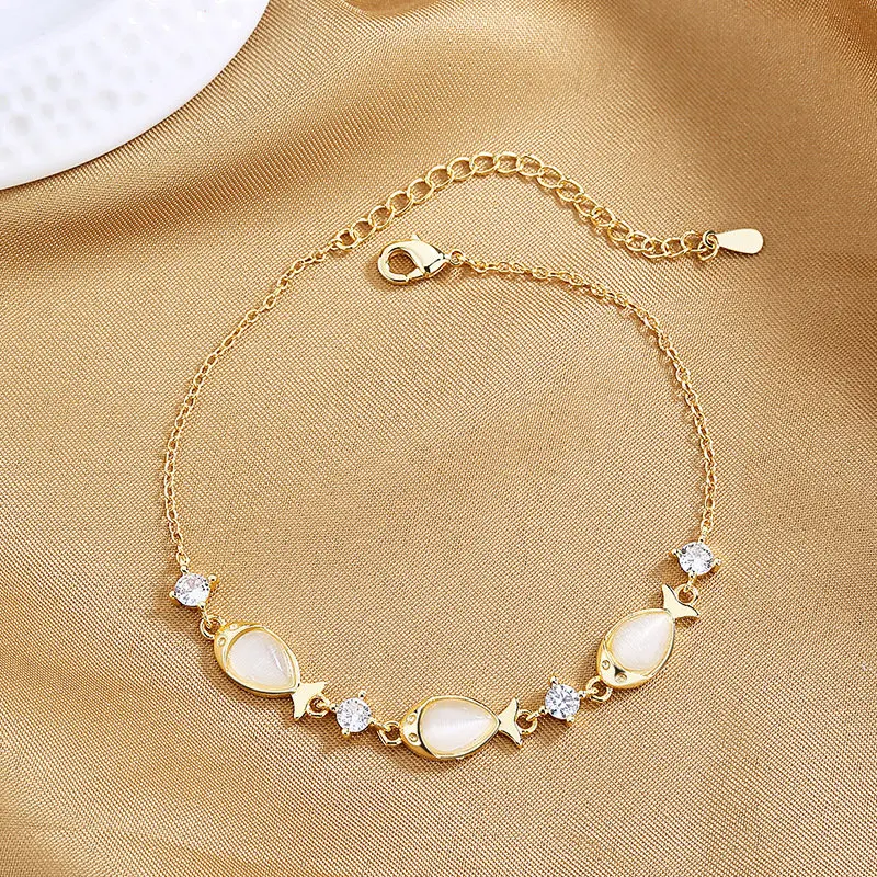 

S925 Sterling Silver 8 Inches 3 Fish Cat's Eye Stone Zircon Bracelet For Women Fashion Wedding Jewelry Charm Party Birthday Gift