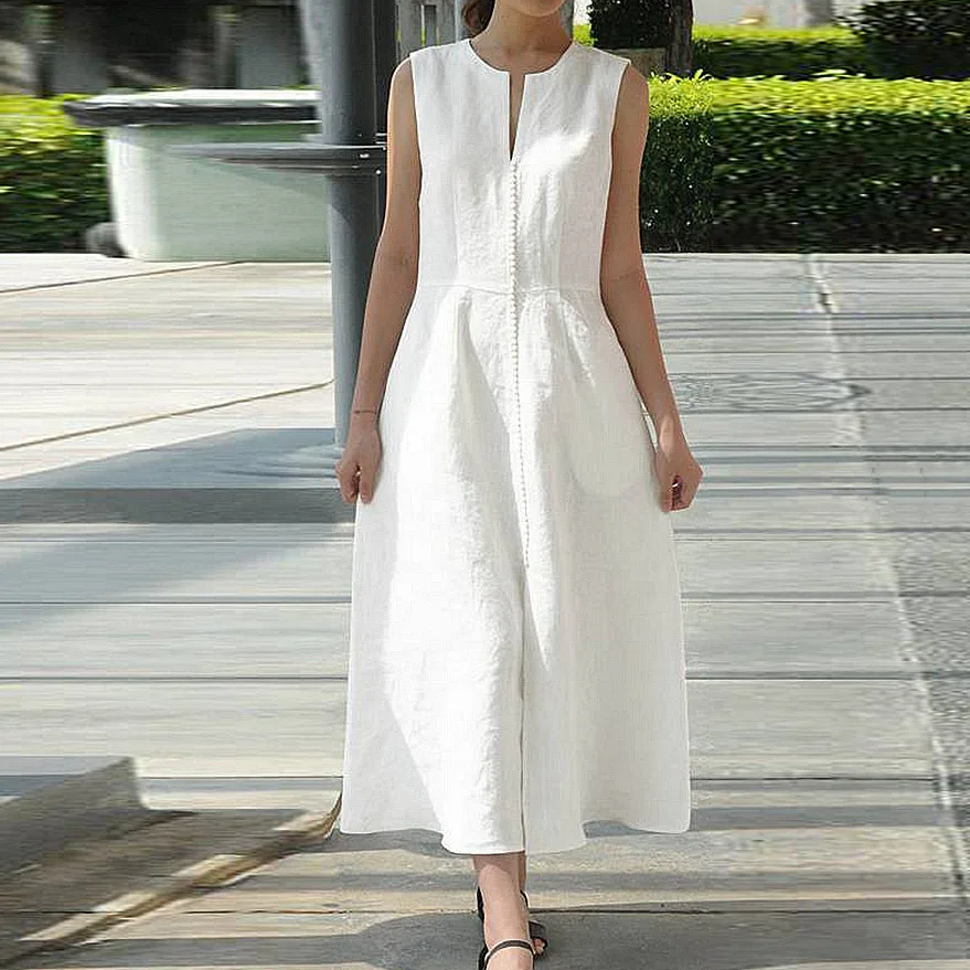 

Womens Dresses Sleeveless Loose Solid Color Dress for Women Loose O Neck Party Dress for Women