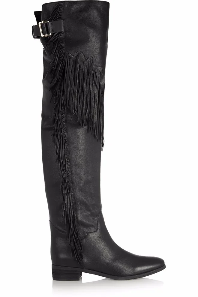 Кожаные женские туфли на плоской подошве с кисточками длинные сапоги выше колена