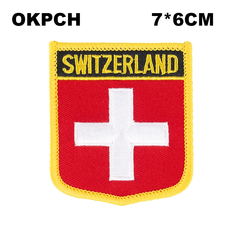 

Switzerland Flag Shield Shape Iron on Embroidery Patches Saw on Transfer Patches Sewing Applications for Clothes Back Pack Cap