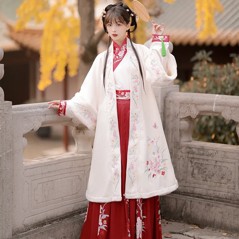 

Autumn Winter Women Chinese Style Hanfu Cape Cloak Fairy Hooded Floral Embroidery Warm Coat Oriental Ancient Princess Overcoat