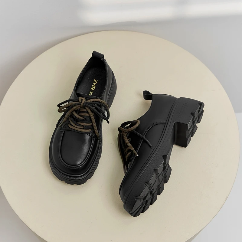 2023 Leather Loafers Round Toe Female Lofers - Women Thick Heels Slip On Black Shoes for Womens - ZHR AY78