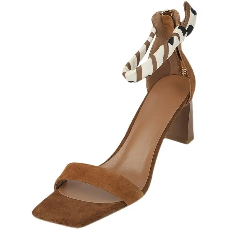 

French High Heels 2022 New Suede Leather Ribbon Small Fragrant Wind Open Toe Word With Roman Sandals Women's Summer Heel Sandals