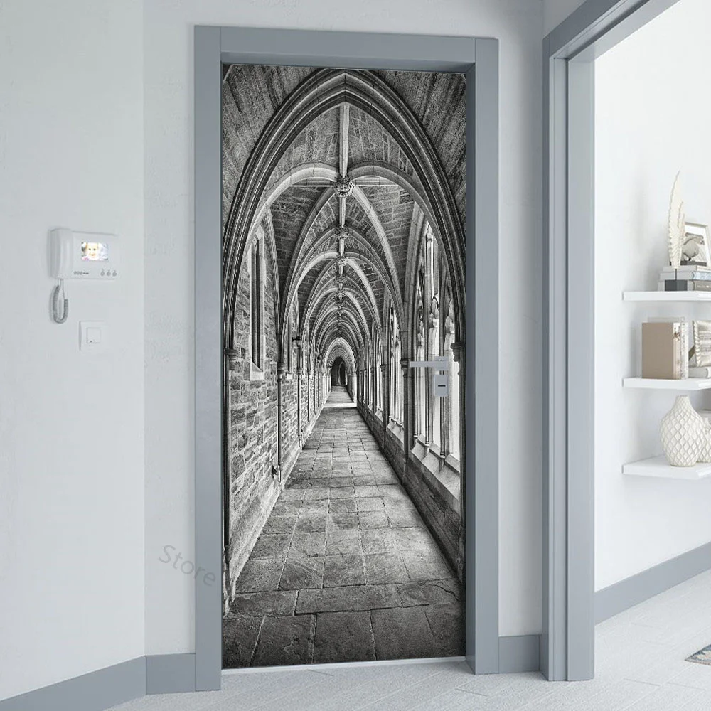 

3D наклейки на дверь, серая спираль, лестница, здание, настенная художественная роспись, обои, клейкая обертка для всей двери, крышка для ремонта комнаты, дома