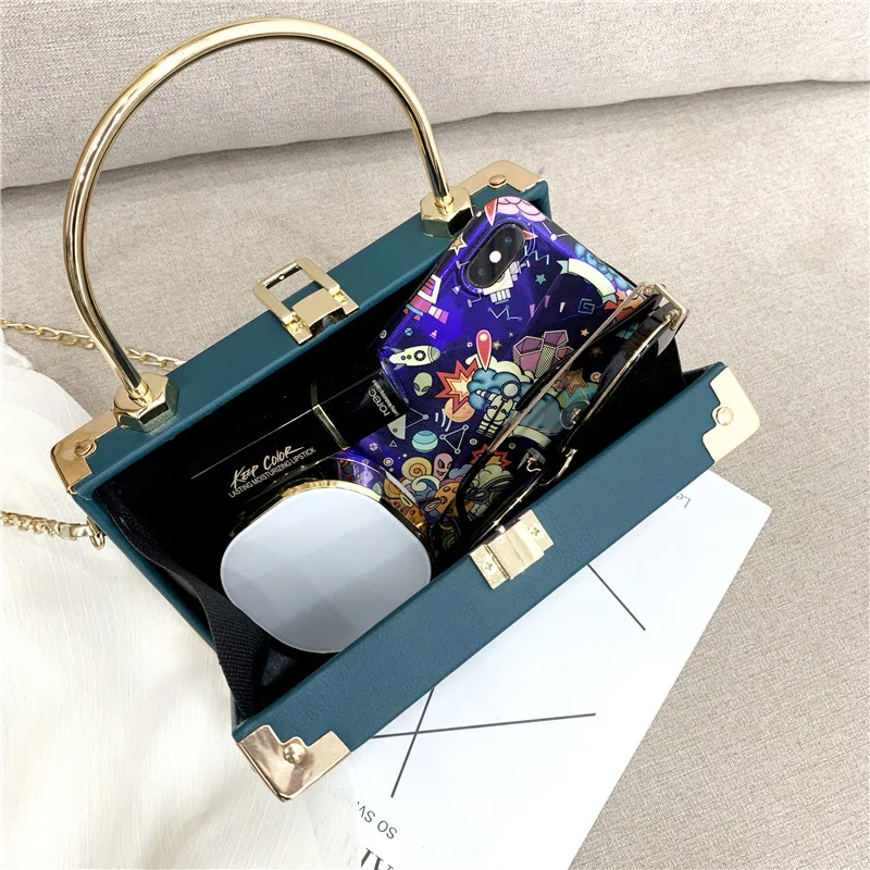 Box Bags Fashion Women Long Chains Shoulder Square Box Purse And Handbag Designer Metal Handle PU Crossbody Handbag With Scarves