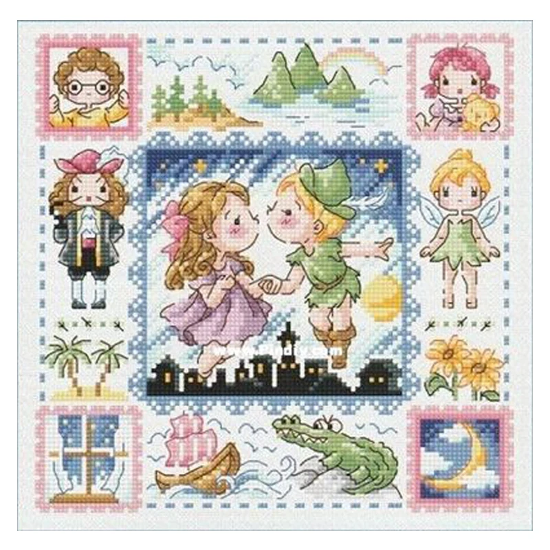 Amishop Gold Collection Lovely Counted Cross Stitch Kit Peter Pan Kiss Little Girl And Boy Fairy Fairytale Fairyland SO 3232