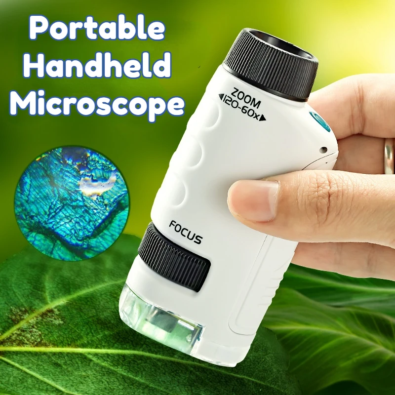 Kids Science Microscope Toy 60-120x Educational Mini Pocket Handheld Microscope With LED Light Outdoor Children Stem Toy Gift