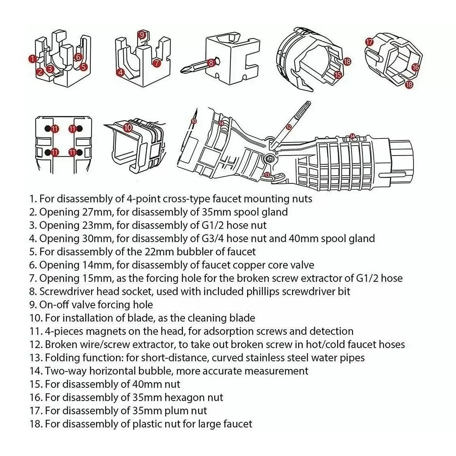 Ключ для раковины 18 в 1 Складной Установщик крана Противоскользящий Портативный