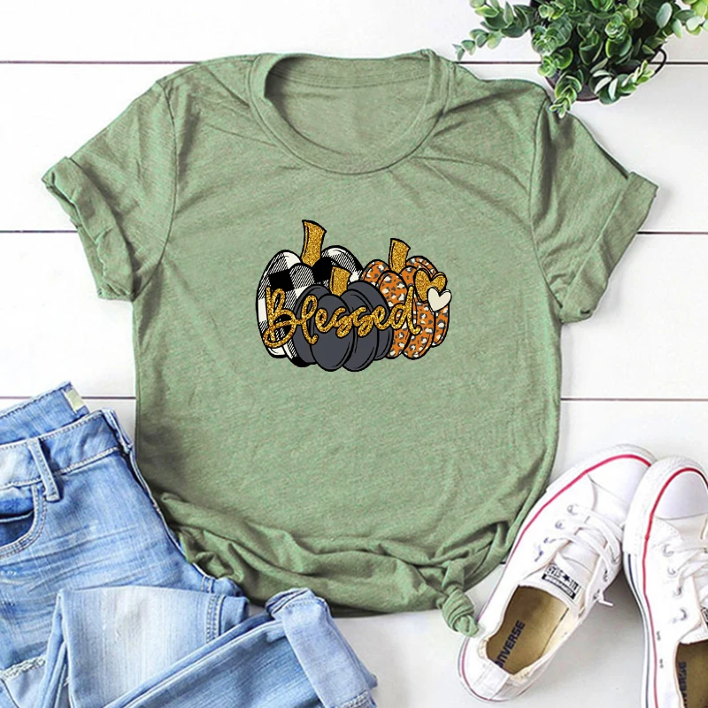 

Благородная Женская Блестящая футболка с тыквой, счастливая одежда с тыквой, Женская Эстетическая одежда на День Благодарения, хлопковая Ф...