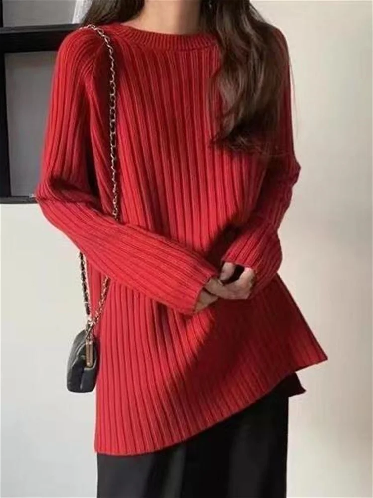 

Женский Трикотажный Свитер оверсайз, однотонный свободный джемпер с длинными рукавами и базовой подкладкой, в Корейском стиле, зима