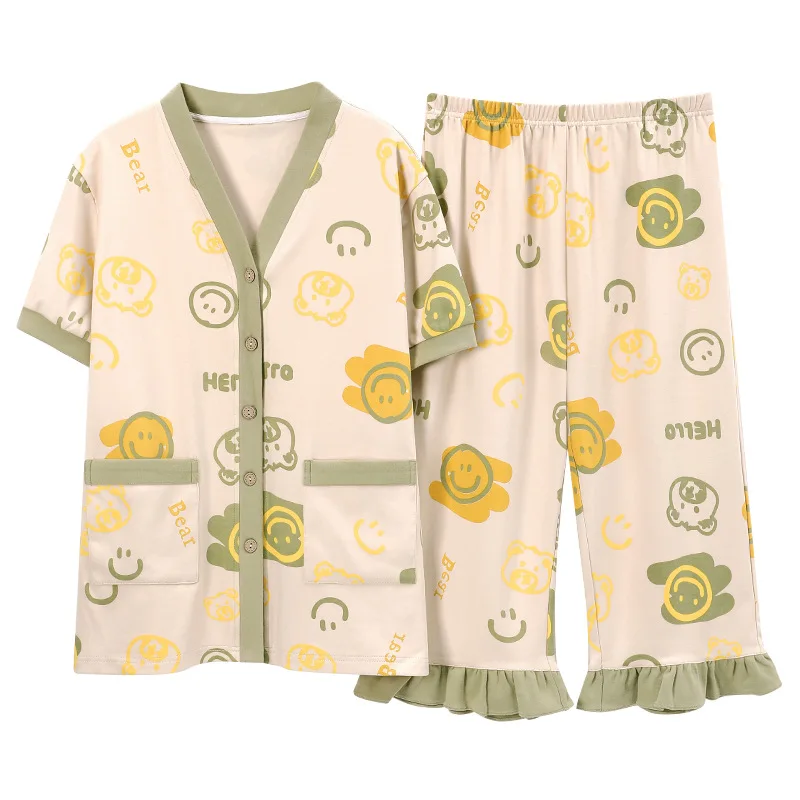 2023 New Summer Pajamas for Women Pure Cotton Korean Style Cartoon Cute Short-sleeved Shorts Home Service Suit Casual Sleepwear