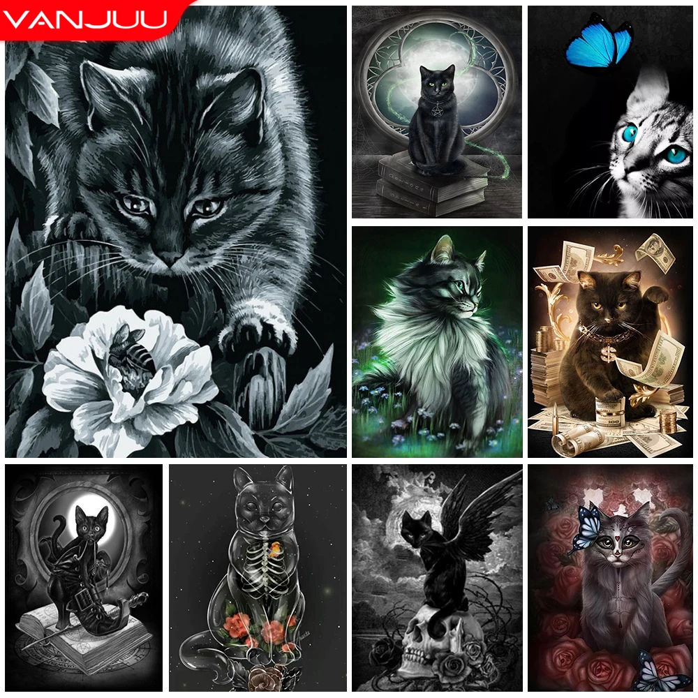 

5D алмазная живопись, вышивка, Черный кот, полная картина, фотография