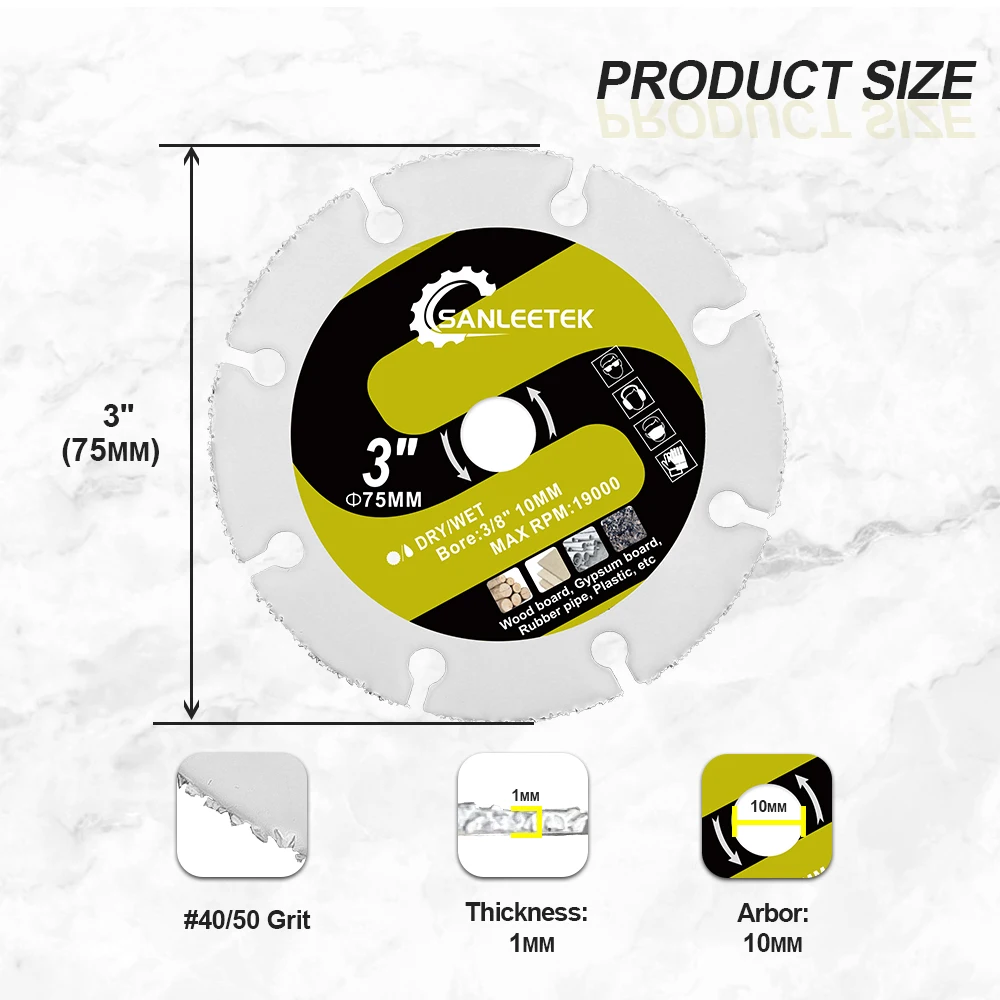 

SANLEETEK 75 мм мини-набор отрезных дисков 3-дюймовый набор дисков для пилы по дереву для резки керамической плитки, стекла, дерева, мрамора, бетона, деревообрабатывающий набор