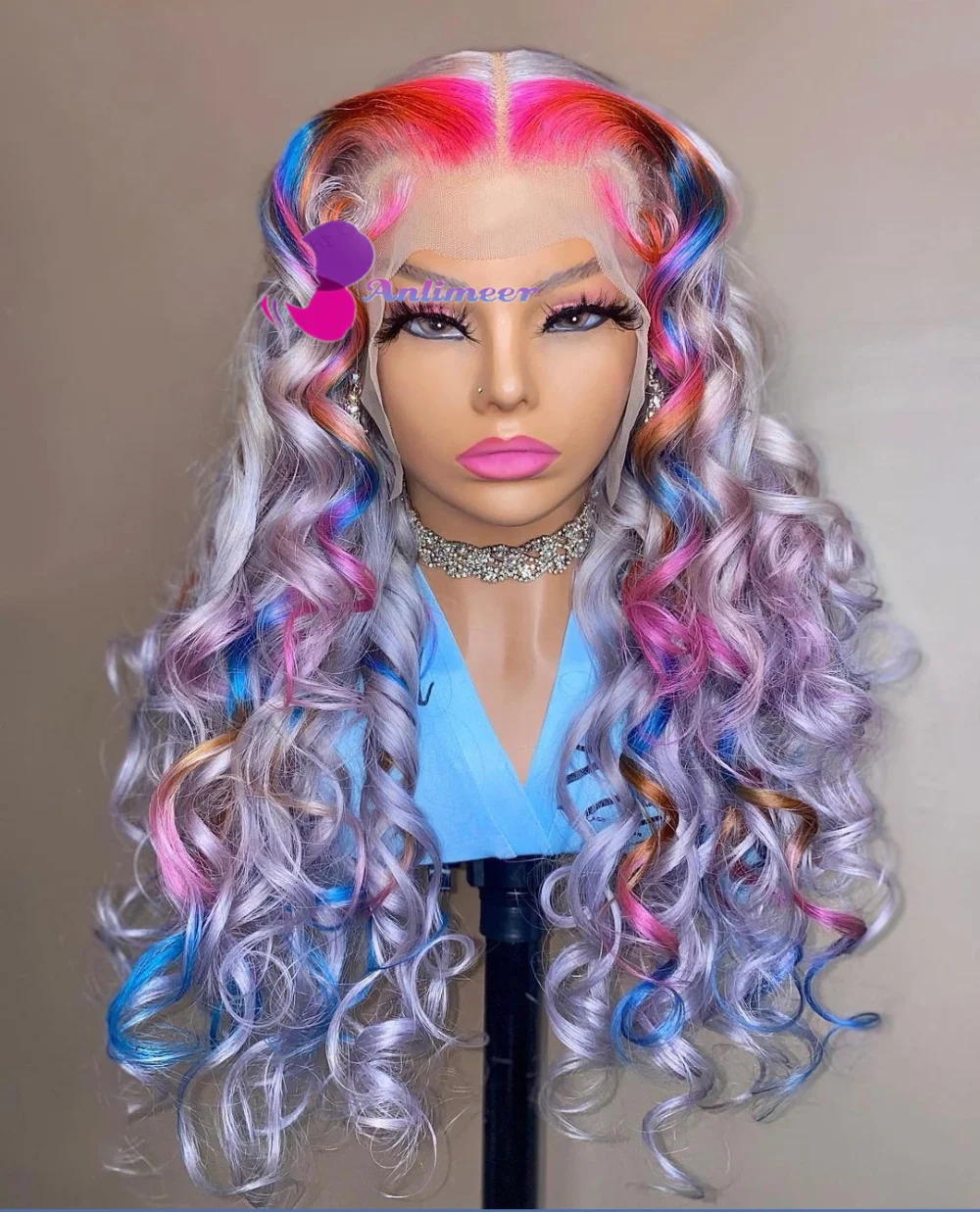 

Rainbow Wigs for White Women Lace Front Colorful Wigs 180% Density Loose Wave Ombre Highlight Human Hair Wigs For Black Women