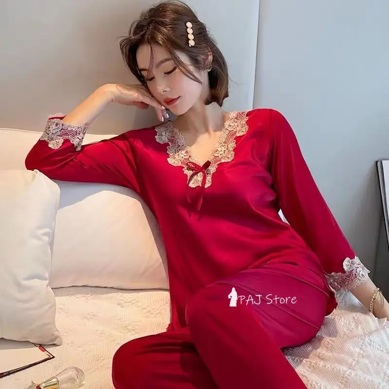 Women Satin Sleepwear Pajama Set Spring Long-sleeved for Women Korean Lace Loose 4XL Home Clothes Summer Female Home Suit